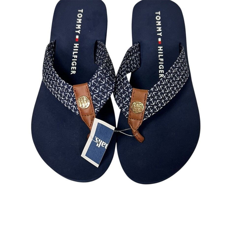 Tommy Hilfiger Flip Flops Womens Size 6 Navy Anchor Print Thong Sandals